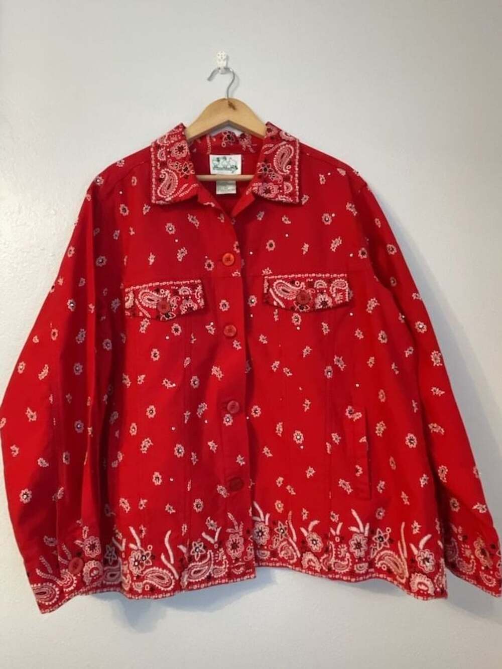 Quacker Factory Red Bandana Print Embellished Jacket Size L Rhinestone